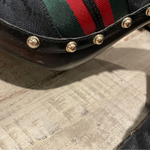 Authentic GUCCI  Horsebit Monogram Canvas And Wood
Heels Clogs Mules Sz 8 - Picture 8 of 11